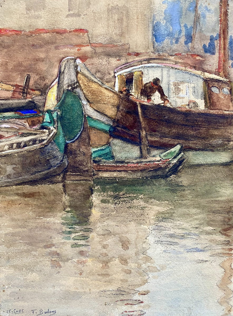 François Bulens (brussels, 1857-1940). "sailor In The Port". 1905. Watercolor.