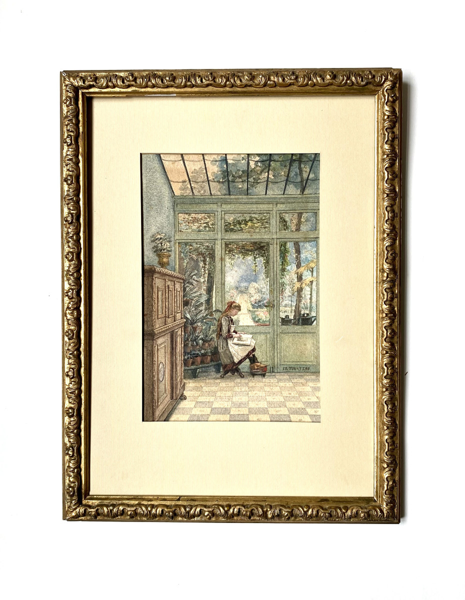 Edouard Tourteau (1846-1908). "young Girl In A Winter Garden". XIXe. Watercolor.-photo-2