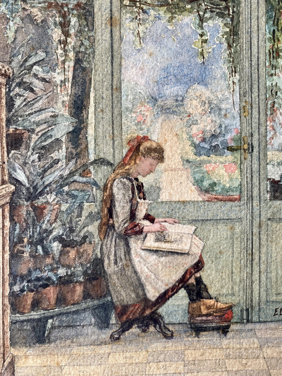 Edouard Tourteau (1846-1908). "young Girl In A Winter Garden". XIXe. Watercolor.-photo-1