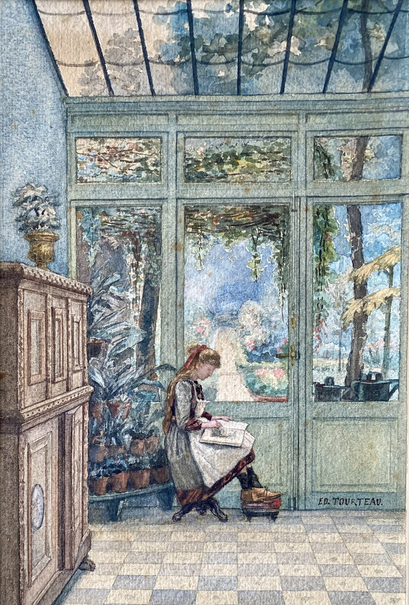 Edouard Tourteau (1846-1908). "young Girl In A Winter Garden". XIXe. Watercolor.