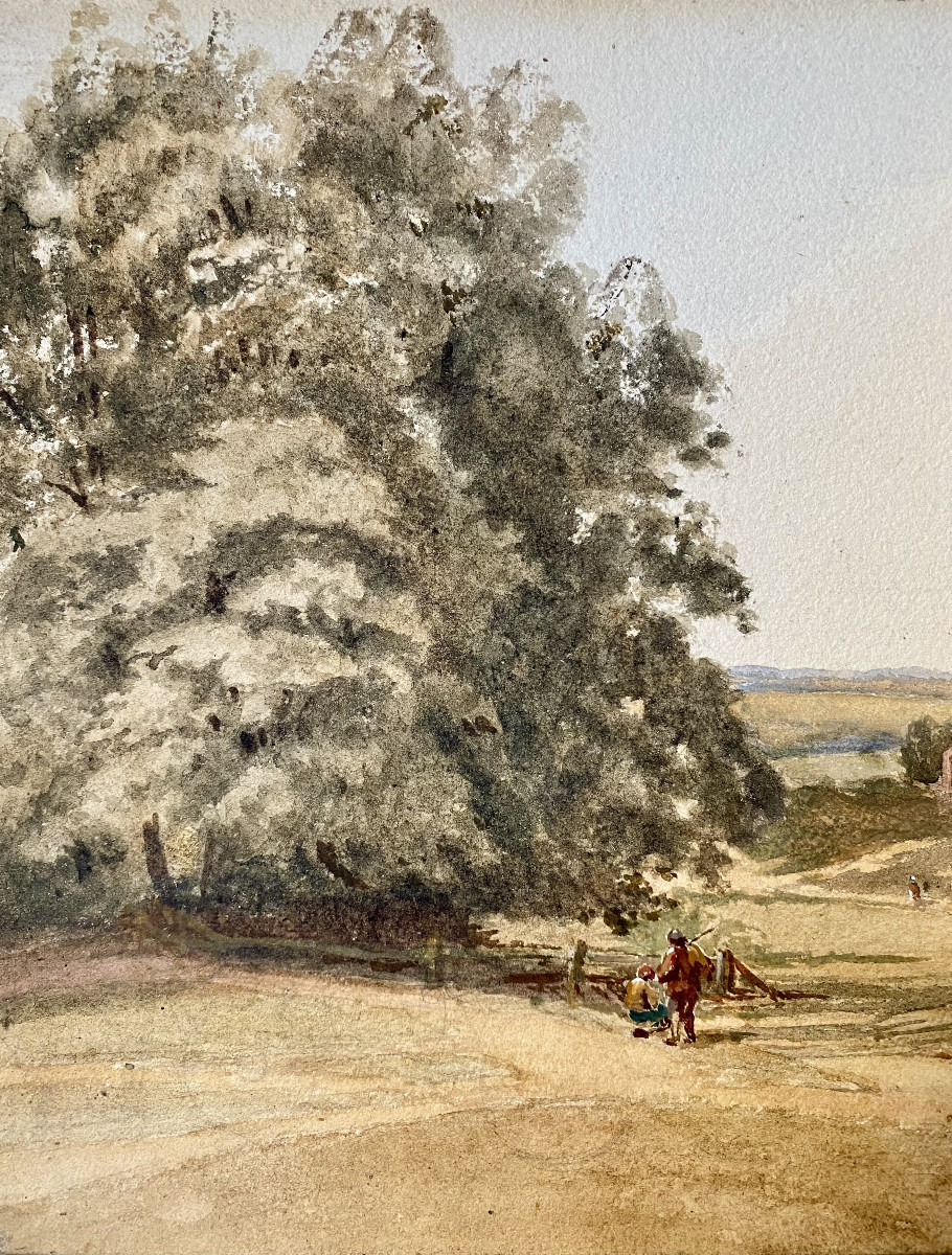 Peter De Wint (1784 , Staffordshire - 1849, Londres). Aquarelle. " Paysage campagnard". XIXe-photo-1