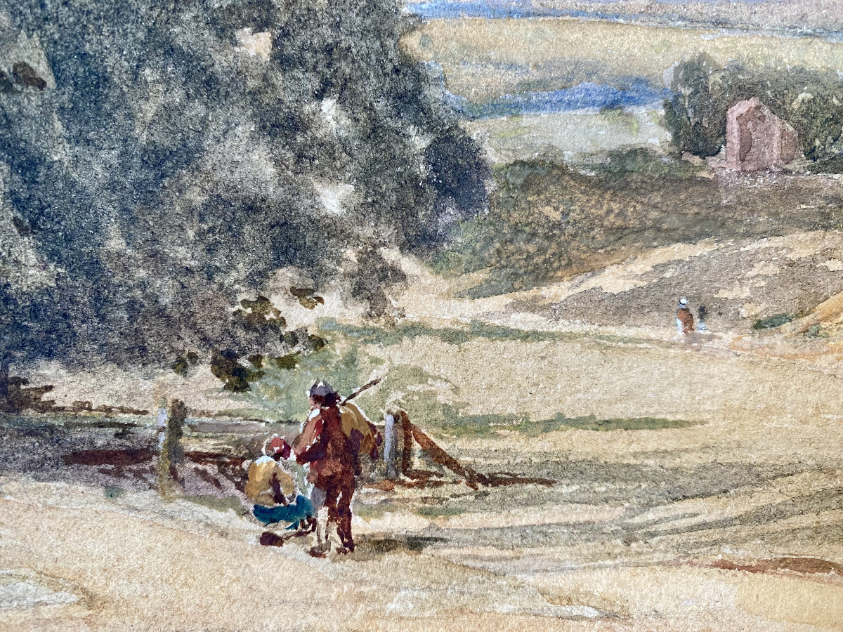 Peter De Wint (1784 , Staffordshire - 1849, Londres). Aquarelle. " Paysage campagnard". XIXe-photo-2
