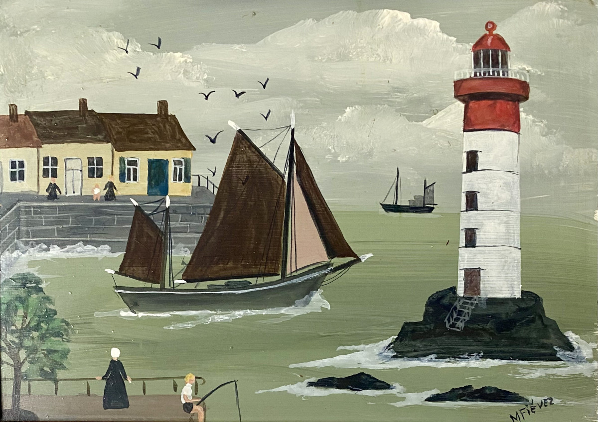 M. Fiévez (20th Century). Naïve Painting. "lighthouse In Brittany". 1950s.-photo-2
