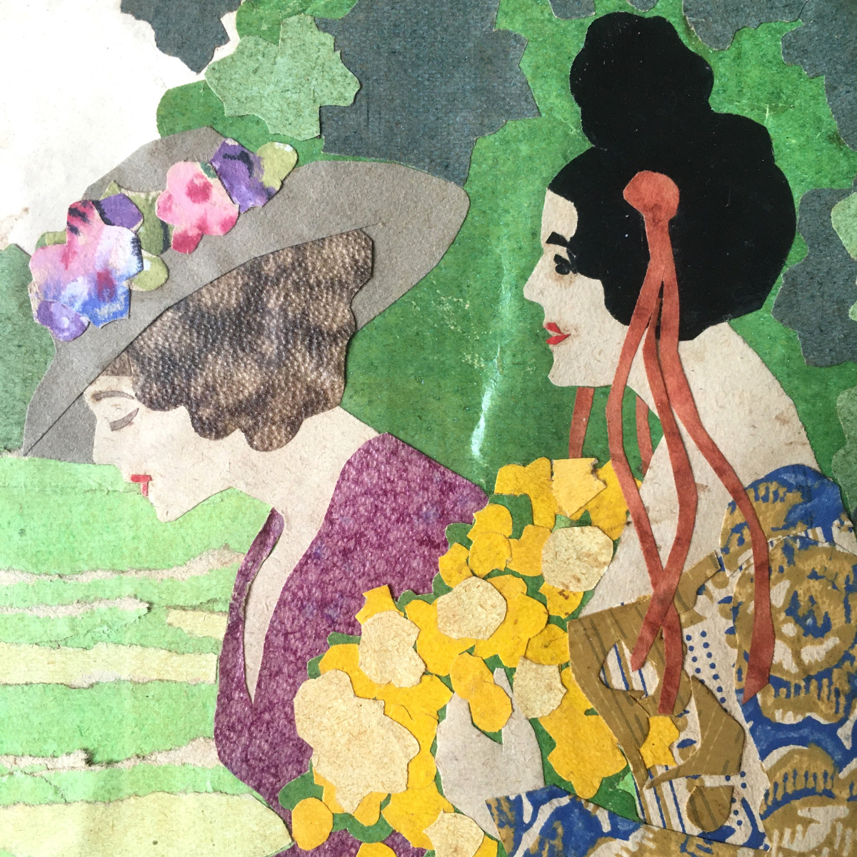 Louise Bosse (Vienne 1878-1929 Kufstein). Art Nouveau.  " Femmes au jardin". Collage. -photo-2