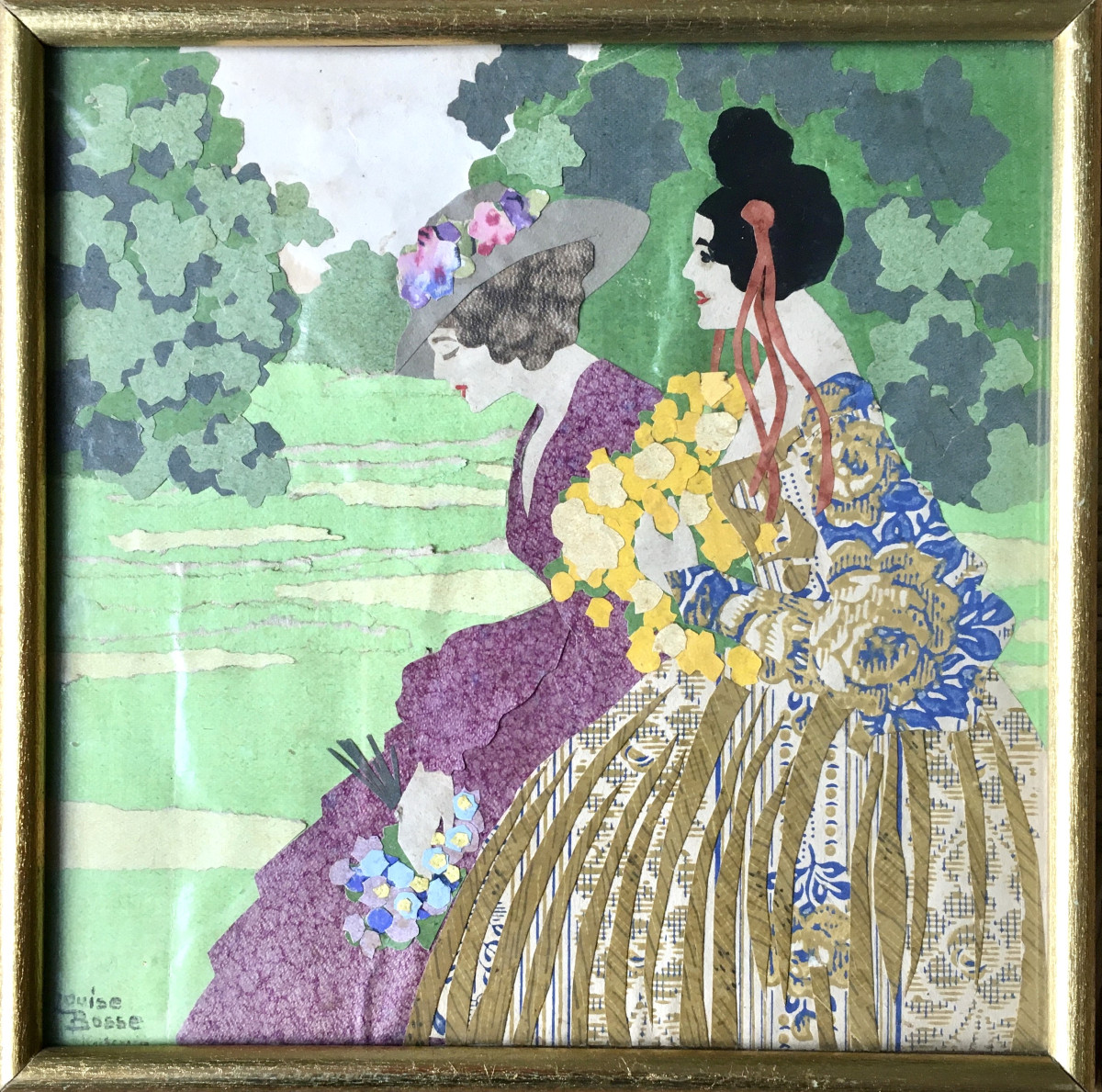 Louise Bosse (Vienne 1878-1929 Kufstein). Art Nouveau.  " Femmes au jardin". Collage. 
