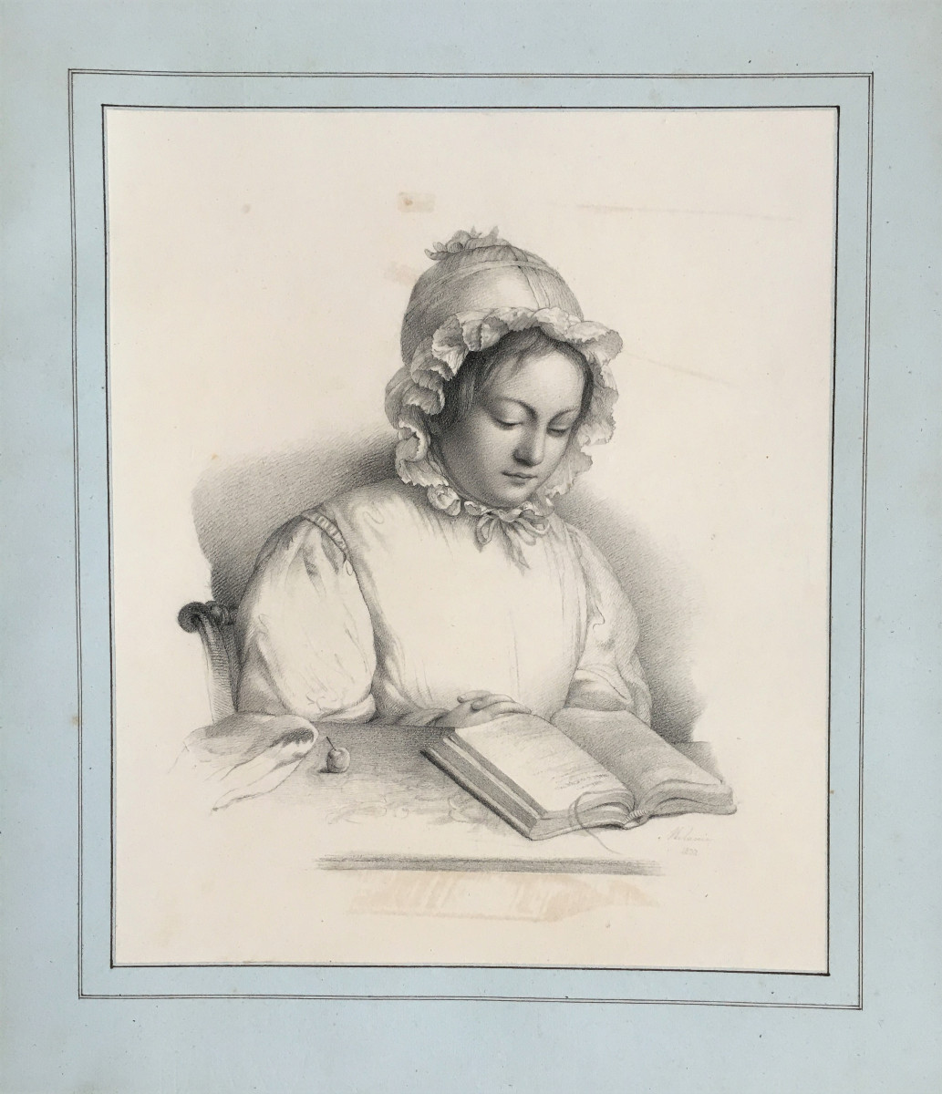 Dessin.  1832 Paris "Portrait de Madame Jules Delehaye" par Mélanie Mestdagh. -photo-1