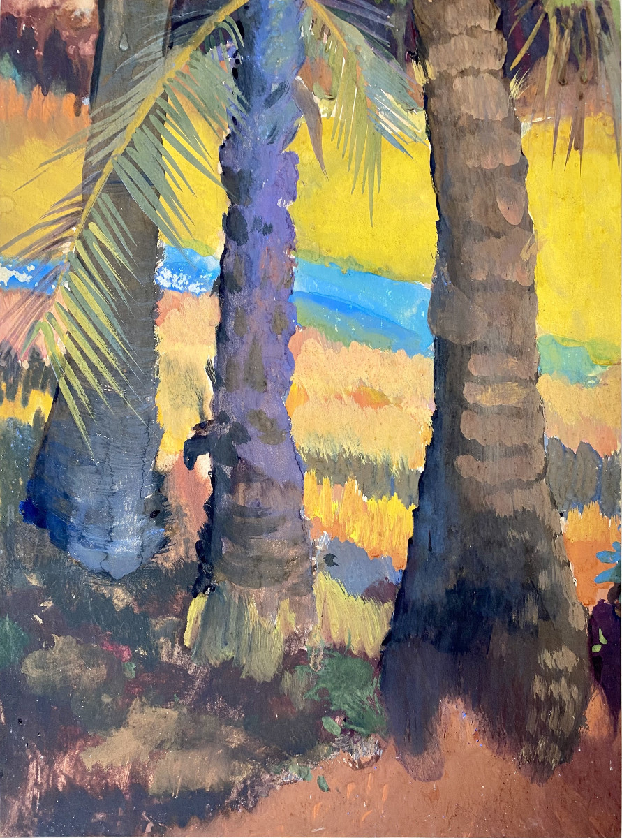 Govind Madhav Solegaonkar (1912-1986). "Palmiers". Gouache. École indienne. Années 30-40.