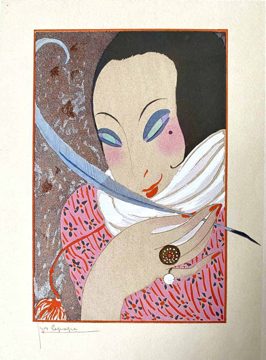 Georges Lepape (1887 Paris - 1971  Bonneval). "La plume". 1914. Pochoir. 