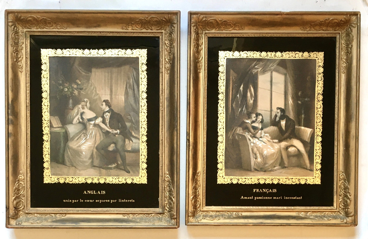 Achille Devéria (paris, 1800-1857). Pair Of Engravings. Eglomisé Frames. "romantic Scenes"