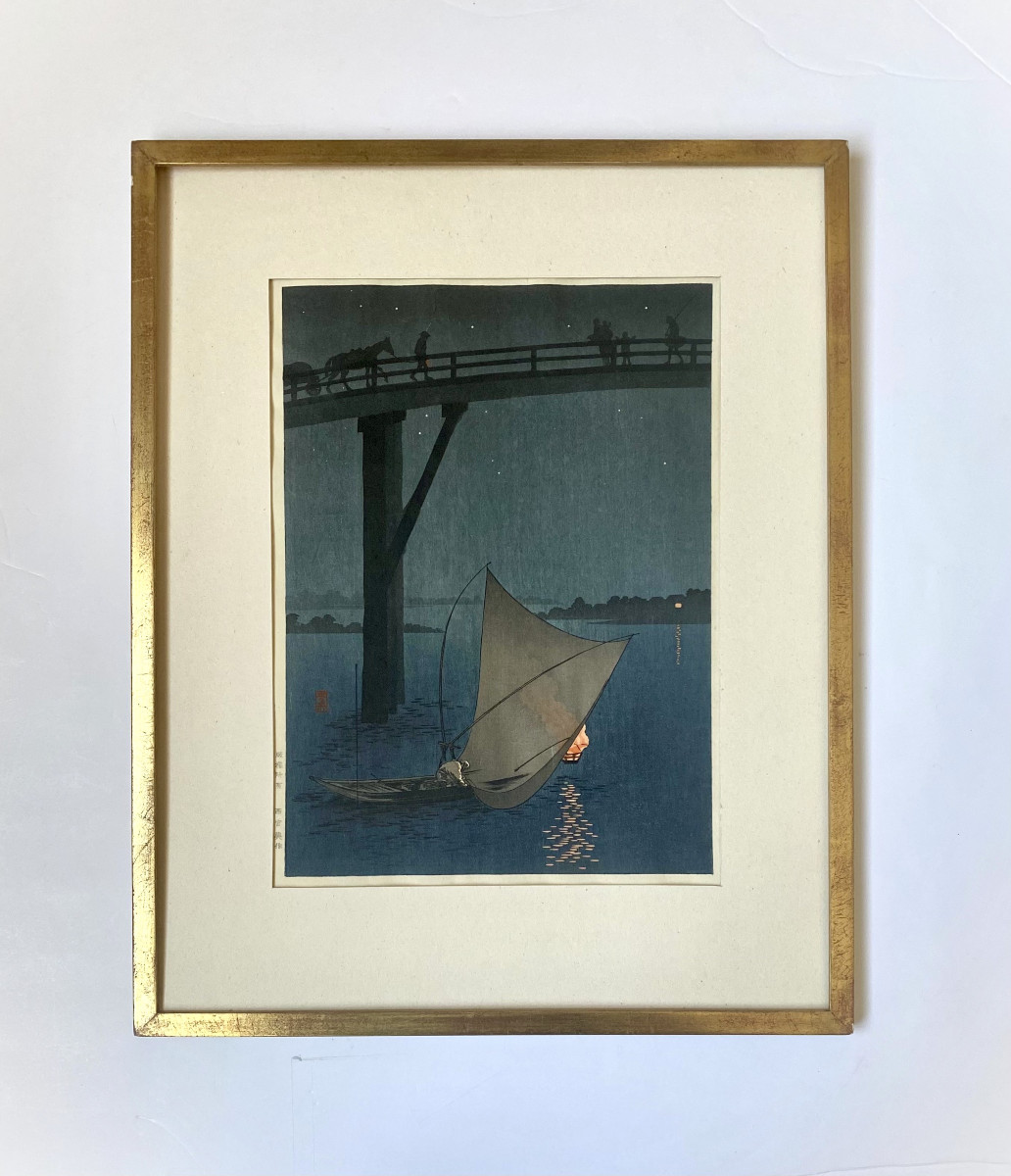 Arai Yoshimune (新井芳宗, 1863-1941) . Gravure sur bois. "Filet de pêche et lampe". École japonaise