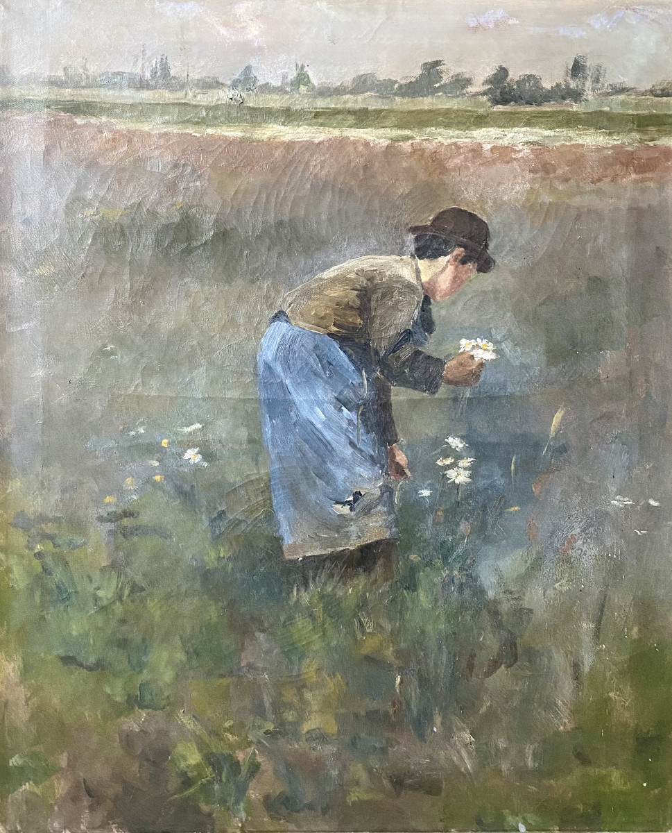 Maurice Wagemans (brussels, 1877 - Bredene, 1927), "young Girl Picking Flowers". Late 19th Century-photo-2