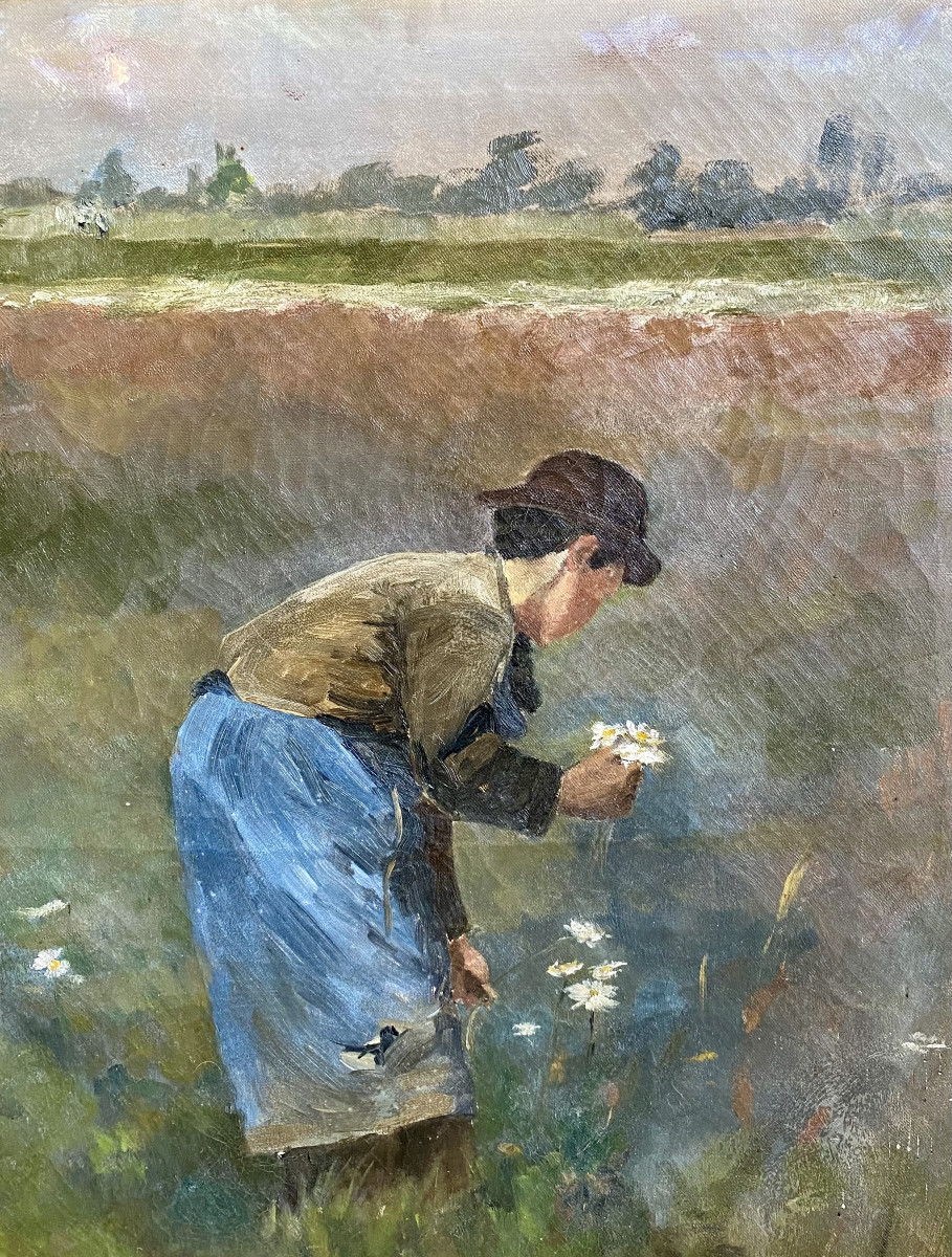 Maurice Wagemans (brussels, 1877 - Bredene, 1927), "young Girl Picking Flowers". Late 19th Century-photo-3