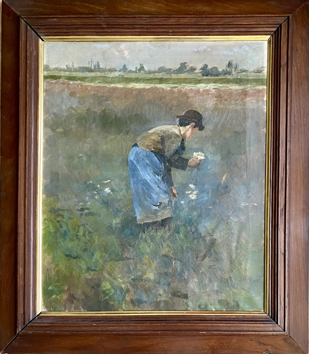 Maurice Wagemans (brussels, 1877 - Bredene, 1927), "young Girl Picking Flowers". Late 19th Century