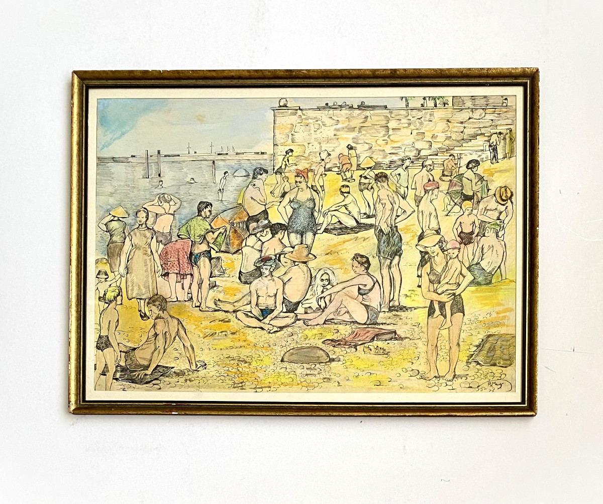 Rosmond Meys (Londres,1915- Bruxelles, ?) " Plage animée". Années 50.-photo-2