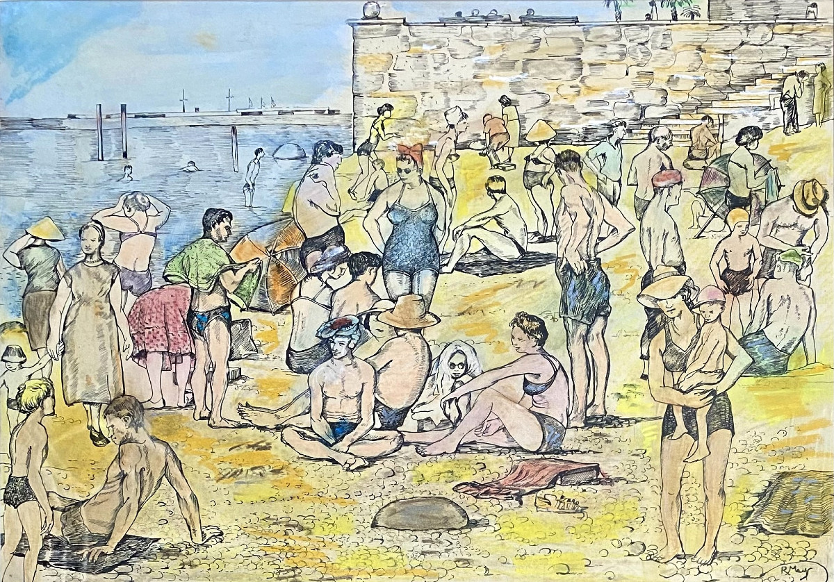 Rosmond Meys (Londres,1915- Bruxelles, ?) " Plage animée". Années 50.