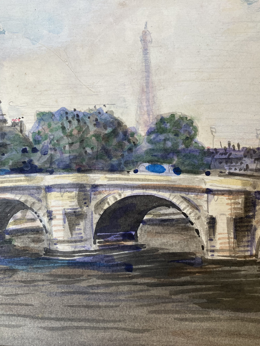 Edmond Heuzé (Paris, 1883-1967). " Vue de Paris, Le Pont Neuf et la Tour Eiffel". Vers 1920.-photo-3