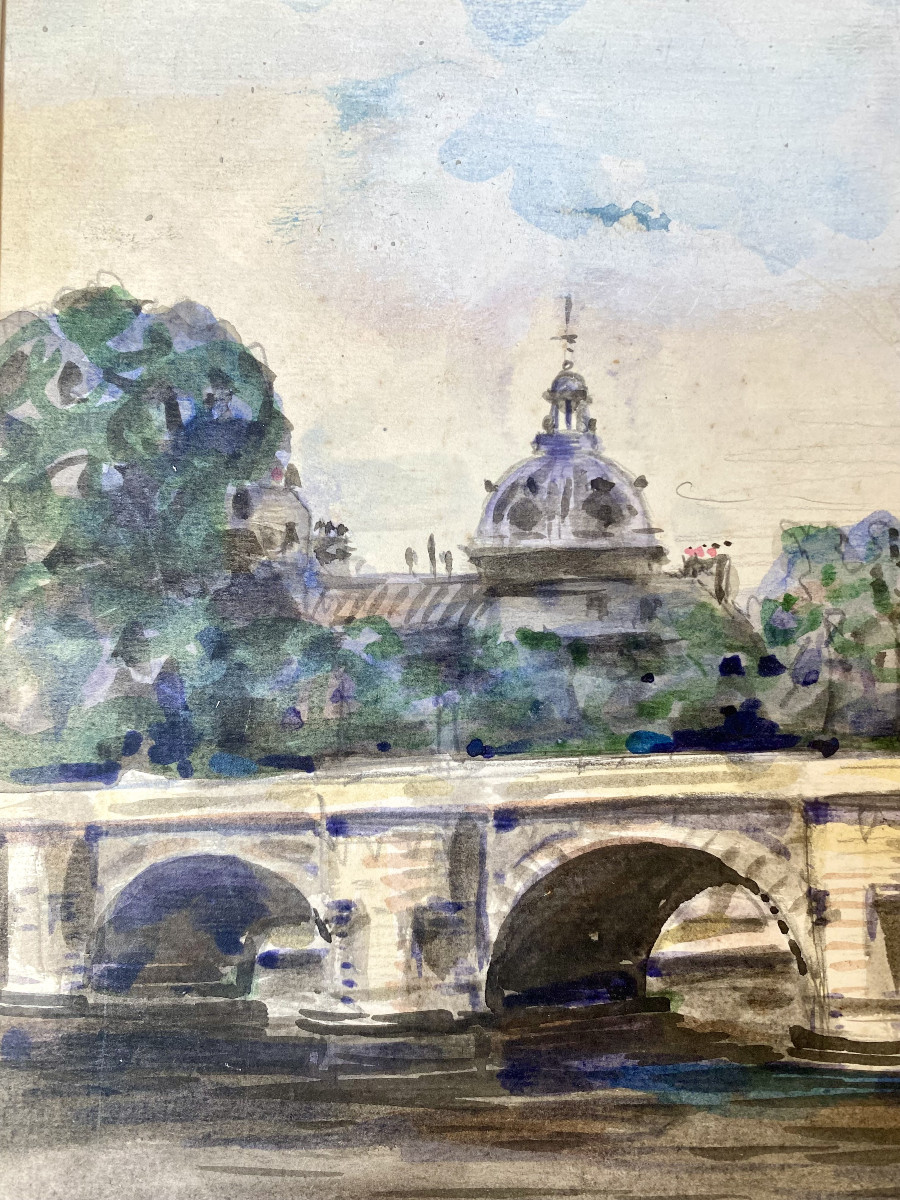 Edmond Heuzé (Paris, 1883-1967). " Vue de Paris, Le Pont Neuf et la Tour Eiffel". Vers 1920.-photo-4