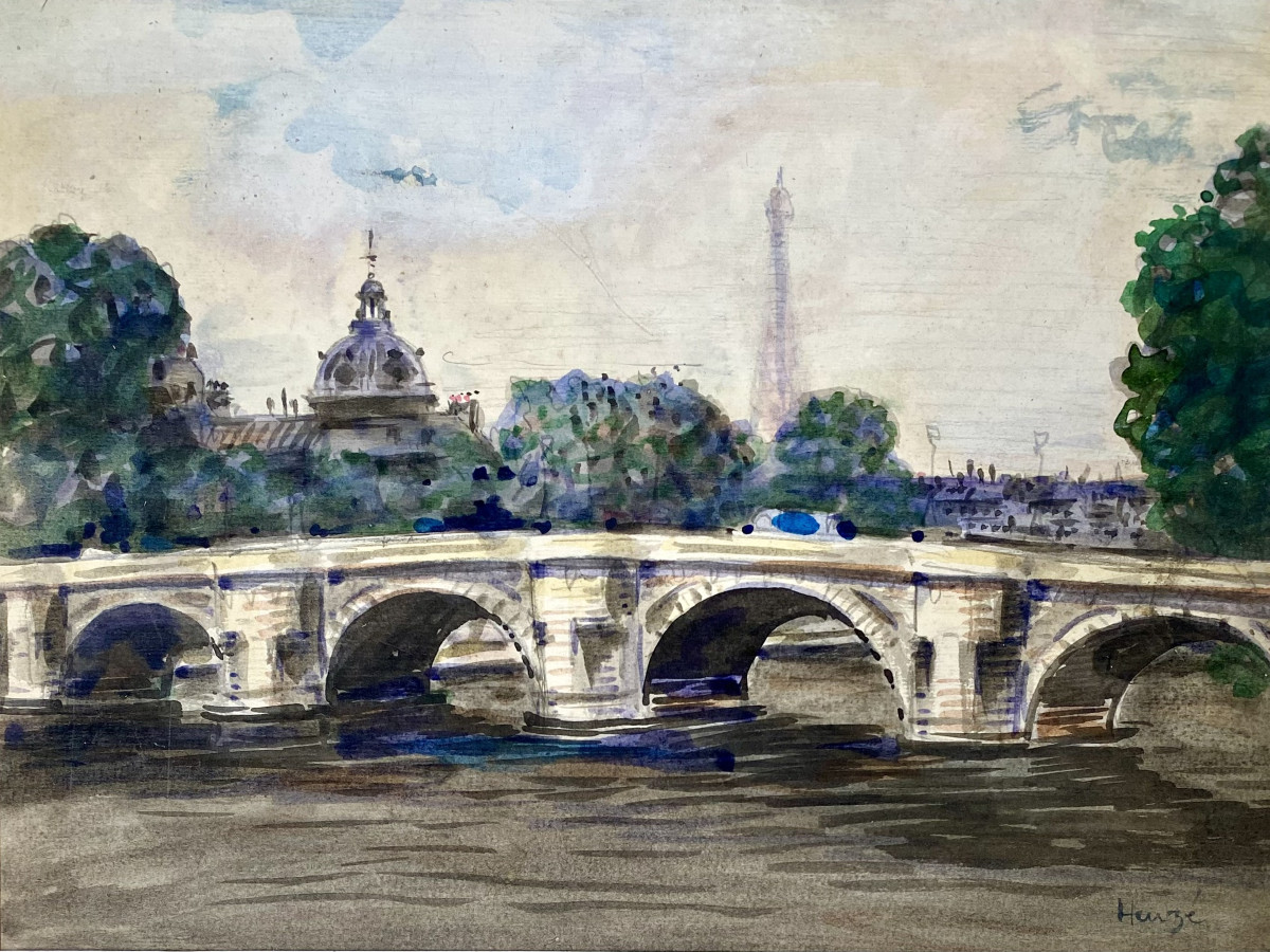 Edmond Heuzé (Paris, 1883-1967). " Vue de Paris, Le Pont Neuf et la Tour Eiffel". Vers 1920.