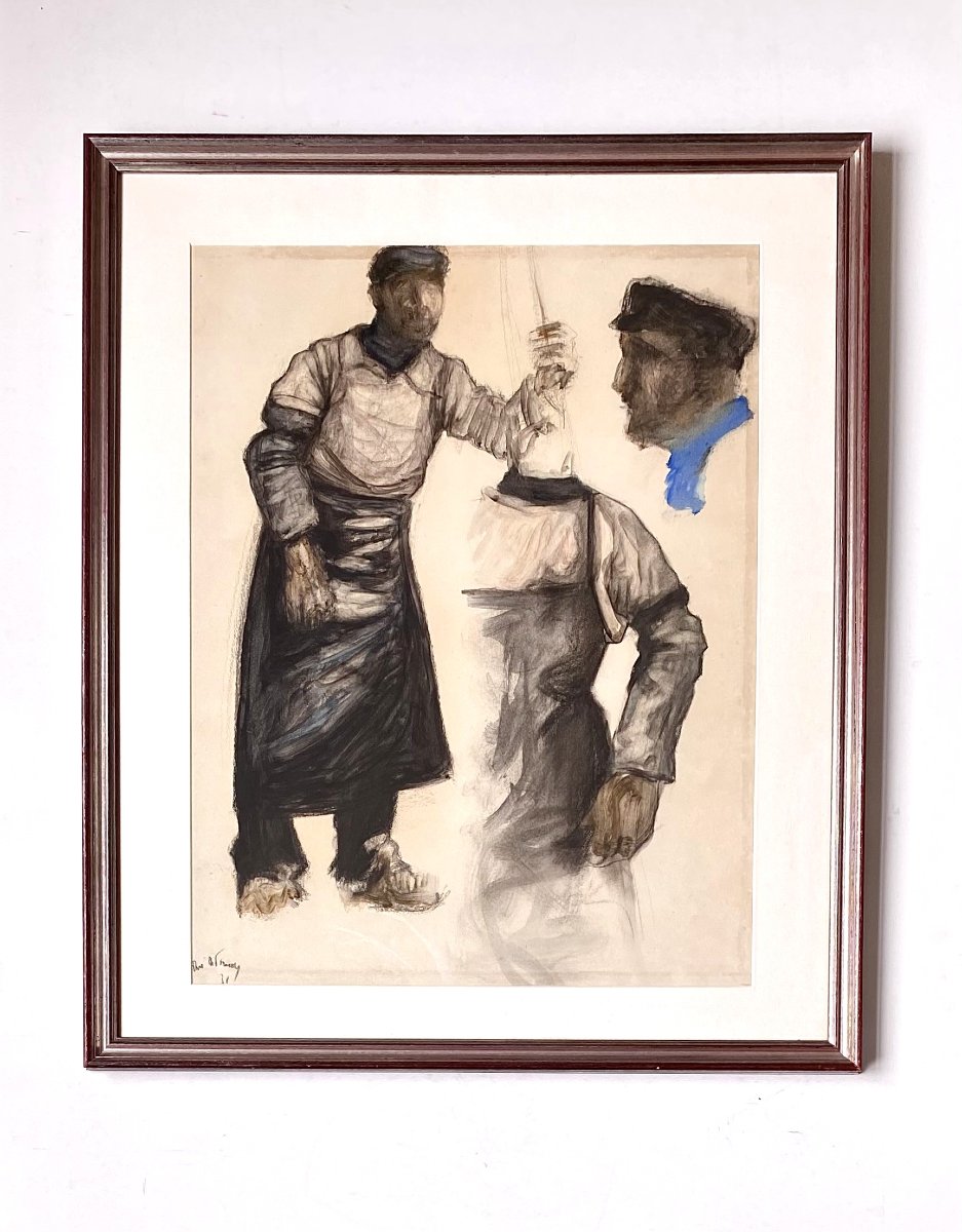 René De Pauw (pittem, 1887 - Brussels, 1946) . Gouache, Study Of Fishermen, 1931