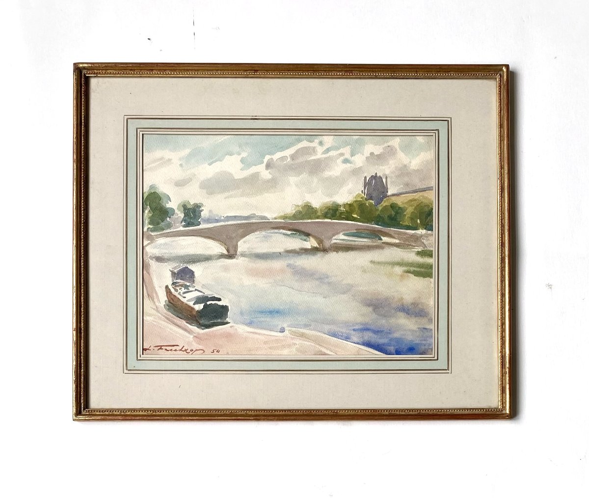Leonid Frechkop (Moscou, 1897-Bruxelles,1982)." Paysage fluvial". 1950-photo-3