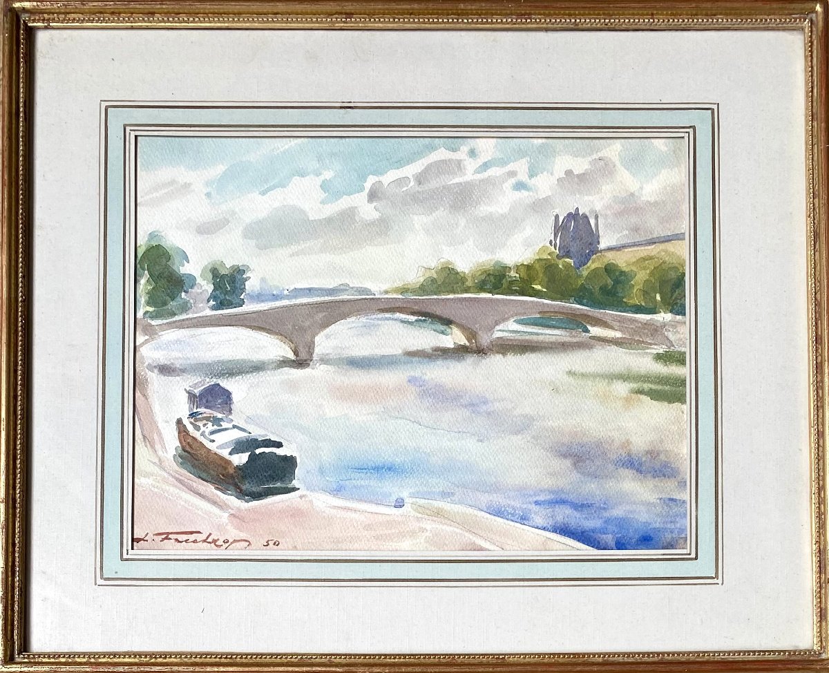 Leonid Frechkop (Moscou, 1897-Bruxelles,1982)." Paysage fluvial". 1950