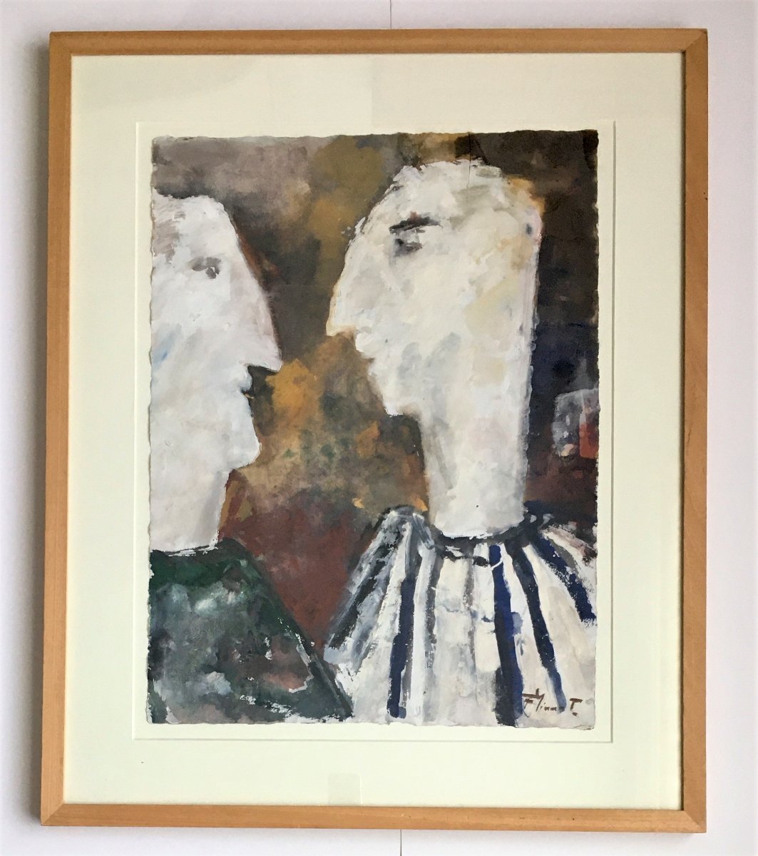 Frans Minnaert (1929-2011). Gouache. "Père et fils".-photo-2