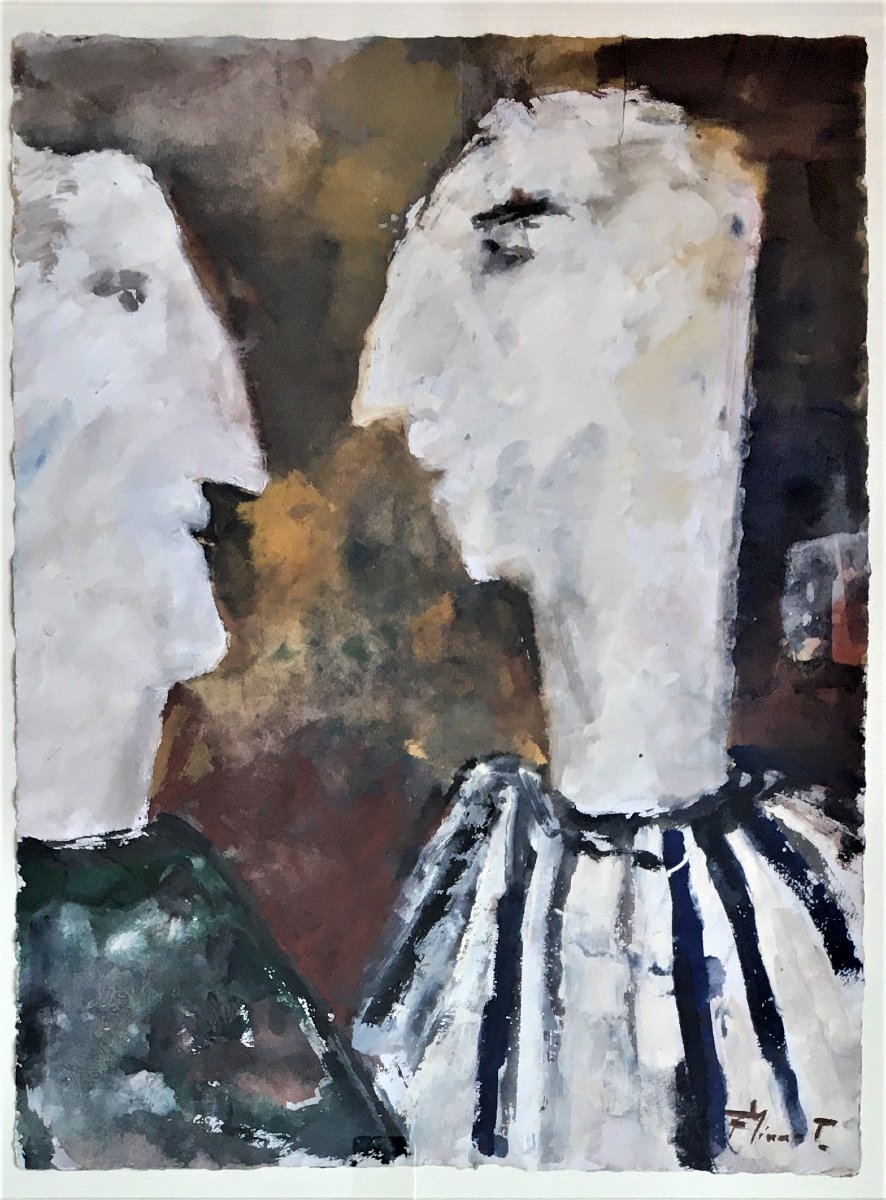 Frans Minnaert (1929-2011). Gouache. "Père et fils".
