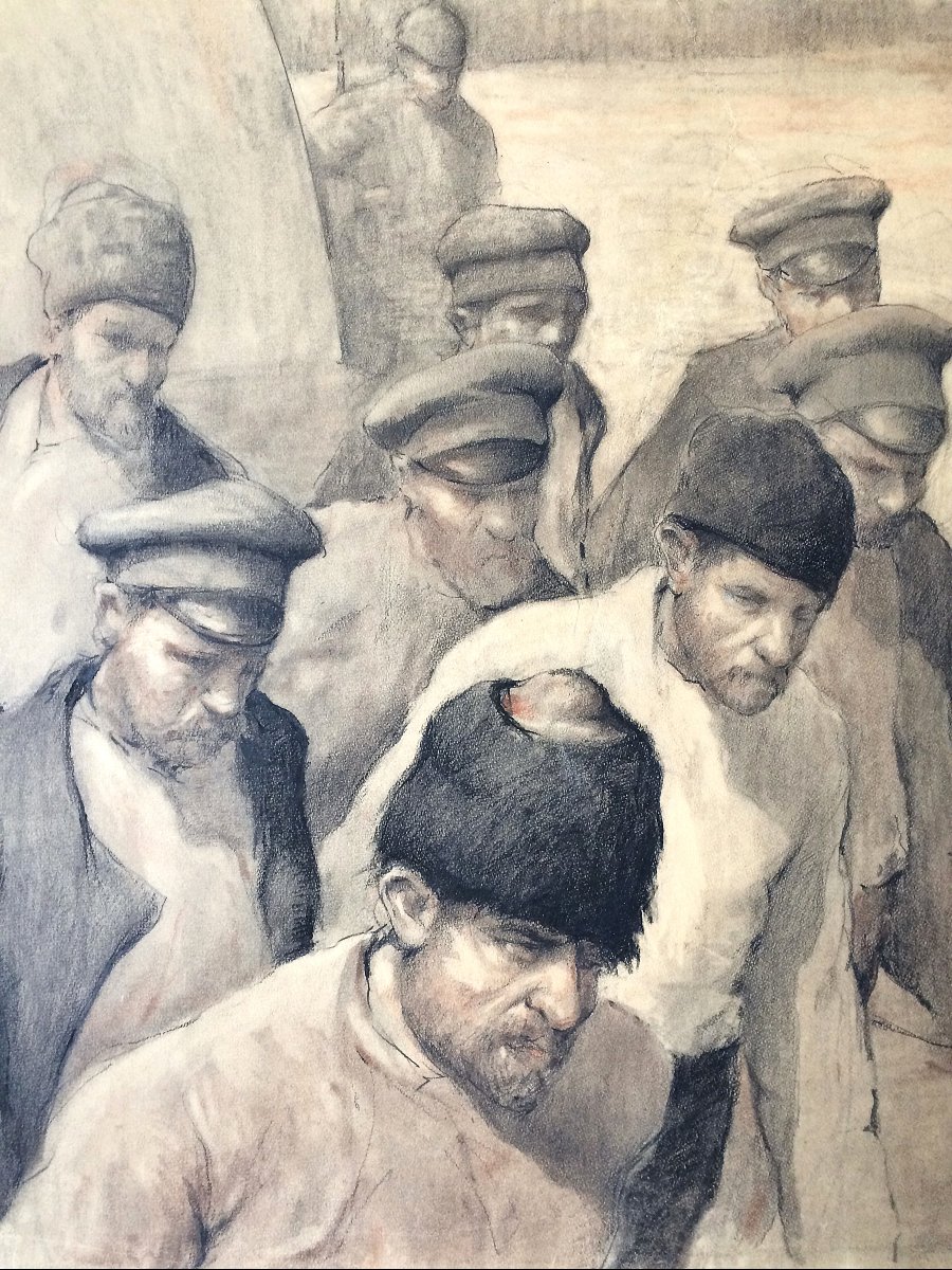 Fernand Gillion 19th Century–1950. Large Drawing, 1916. Russian Prisoners Soltau Camp (germany)-photo-2