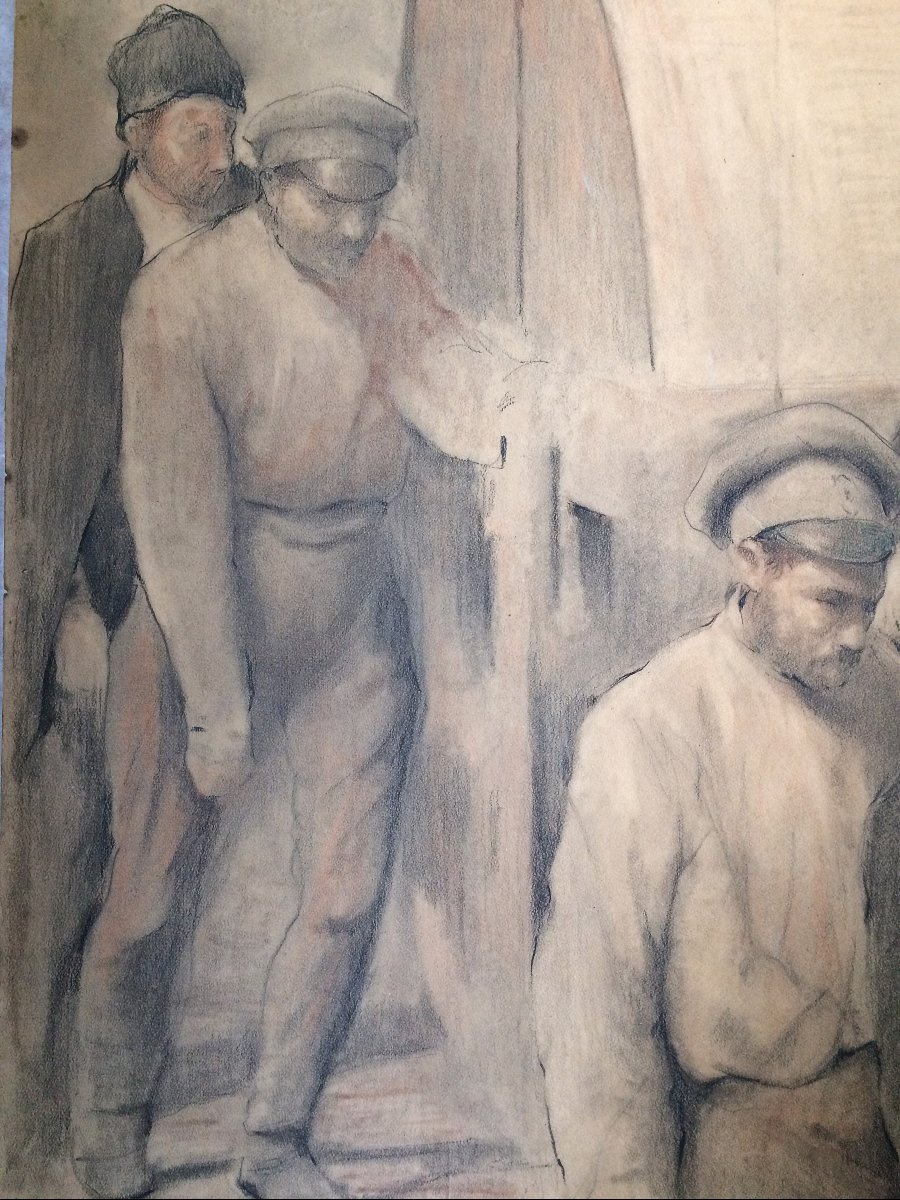 Fernand Gillion 19th Century–1950. Large Drawing, 1916. Russian Prisoners Soltau Camp (germany)-photo-3