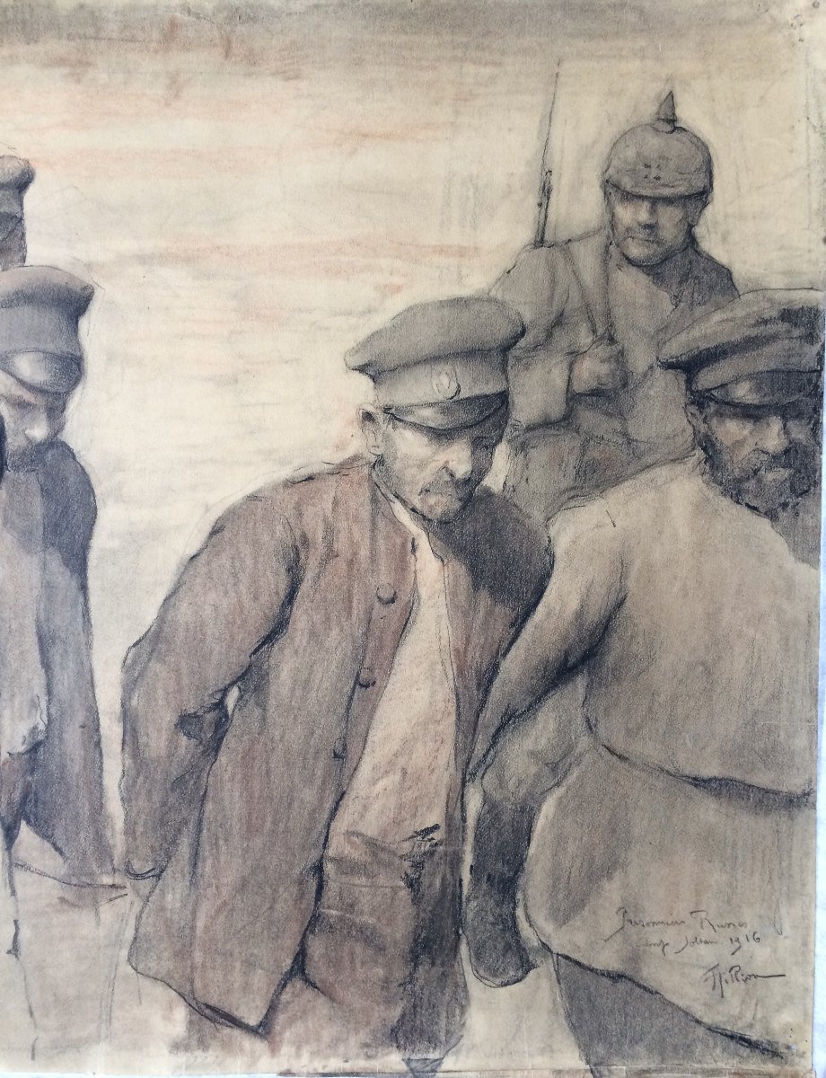 Fernand Gillion 19th Century–1950. Large Drawing, 1916. Russian Prisoners Soltau Camp (germany)-photo-1