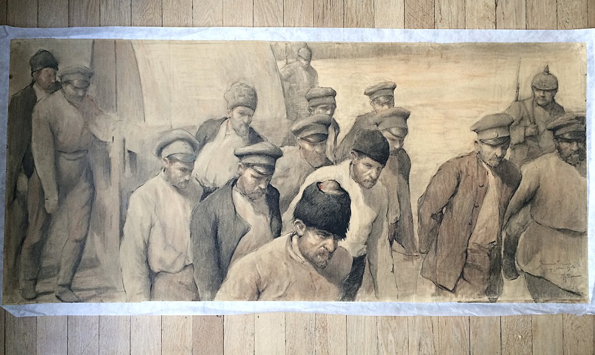 Fernand Gillion 19th Century–1950. Large Drawing, 1916. Russian Prisoners Soltau Camp (germany)-photo-5