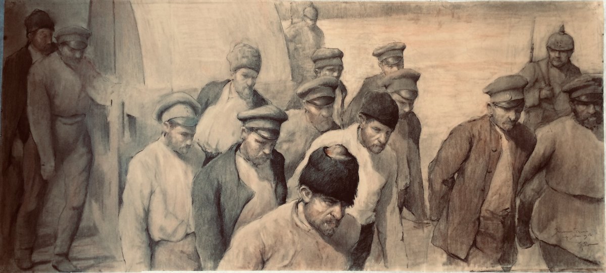 Fernand Gillion 19th Century–1950. Large Drawing, 1916. Russian Prisoners Soltau Camp (germany)