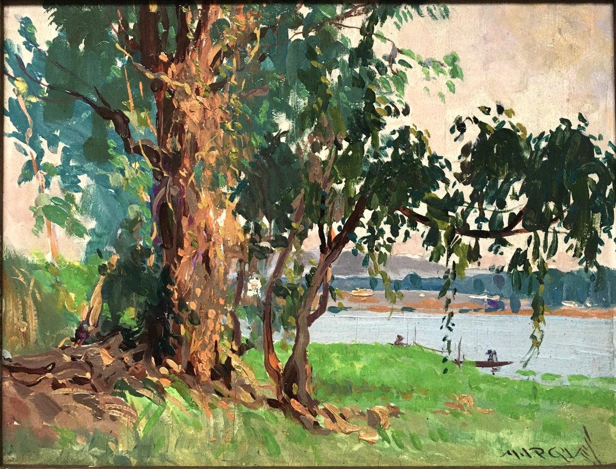 Guilherme d'Oliveira Marques (1887, Brazil – 1960, Kinshasa). "canoes On The Shore Of The Lake." 