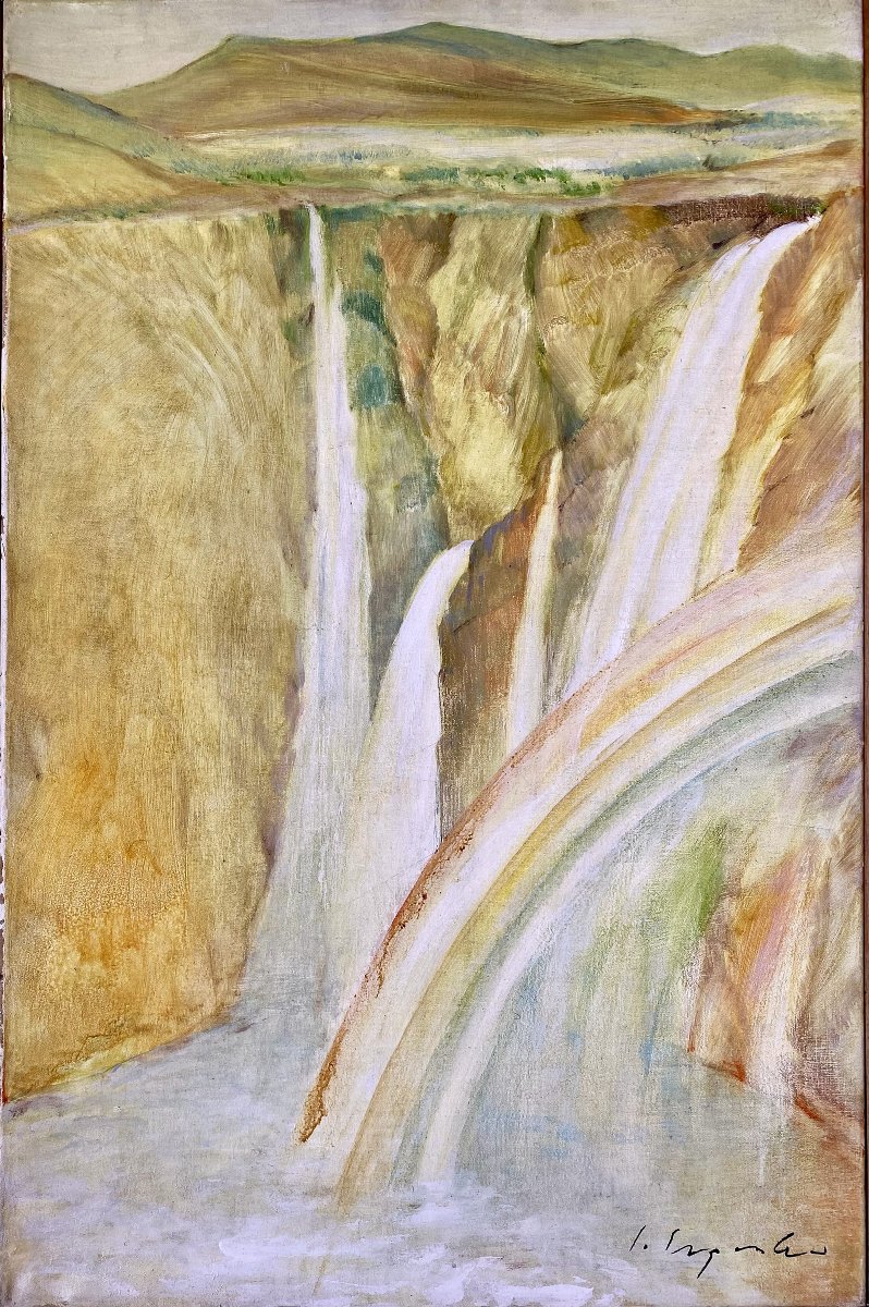 Govind Madhav Solegaonkar (1912–1986). " Cascade en Inde". Huile sur toile. Ecole indienne.-photo-2