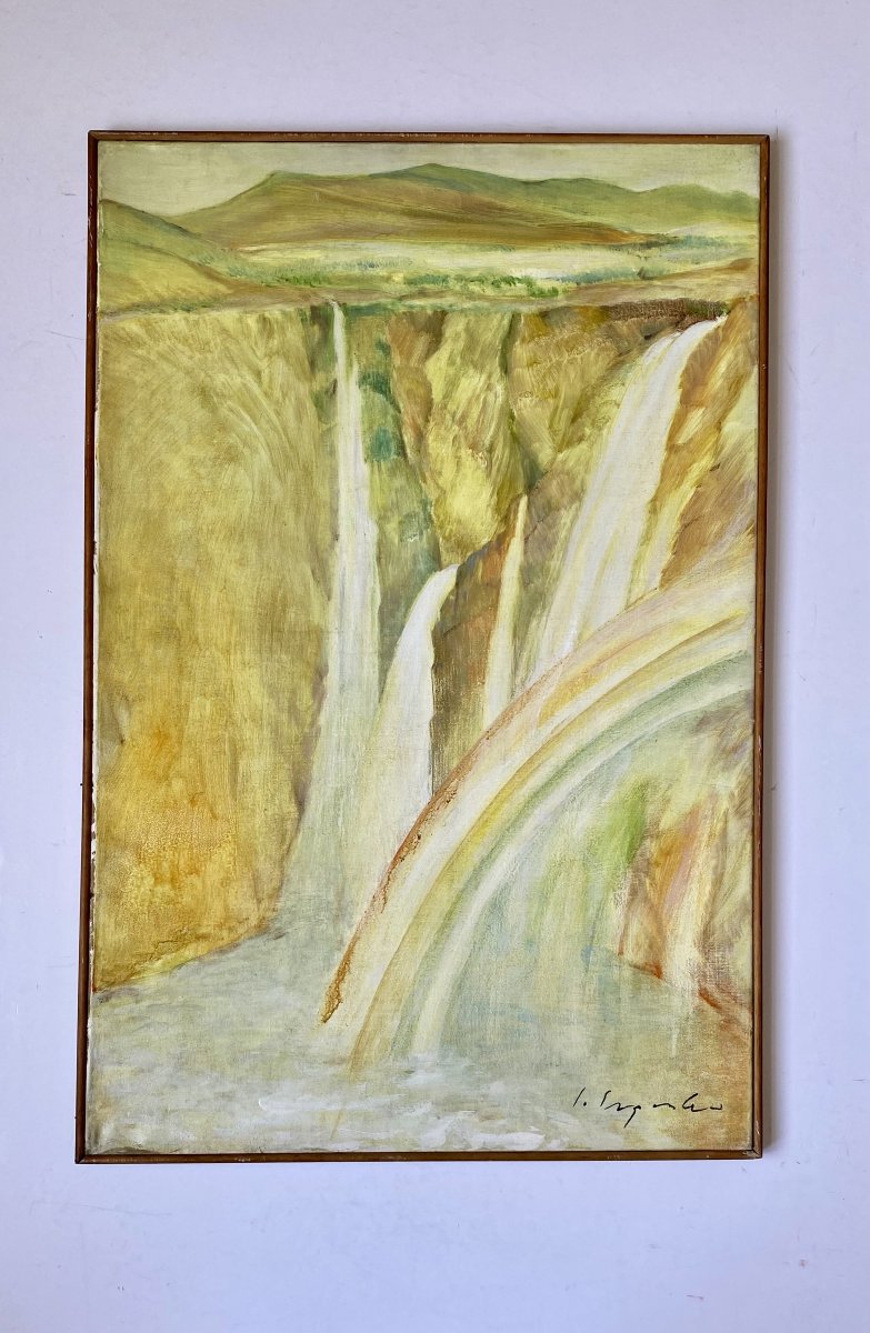 Govind Madhav Solegaonkar (1912–1986). " Cascade en Inde". Huile sur toile. Ecole indienne.