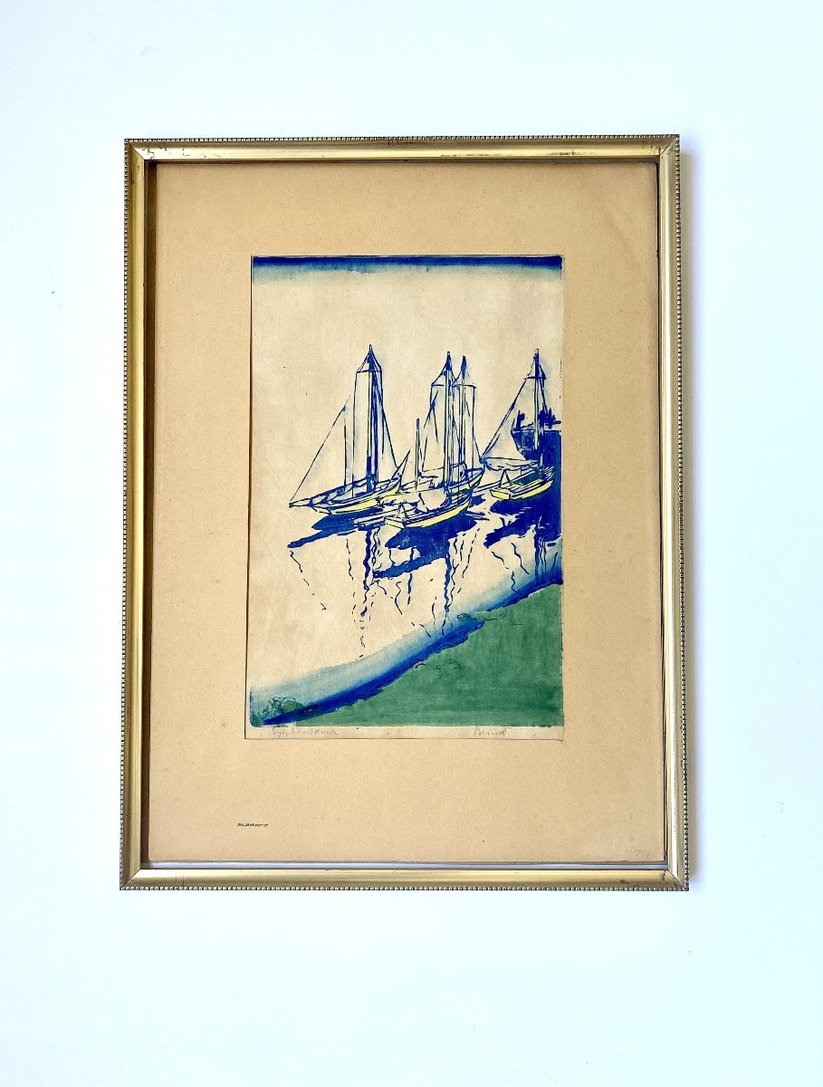Siegfried Berndt (1880 - 1946). "Bateaux sur l'Elbe". Gravure sur bois couleur. Papier Japon. -photo-2