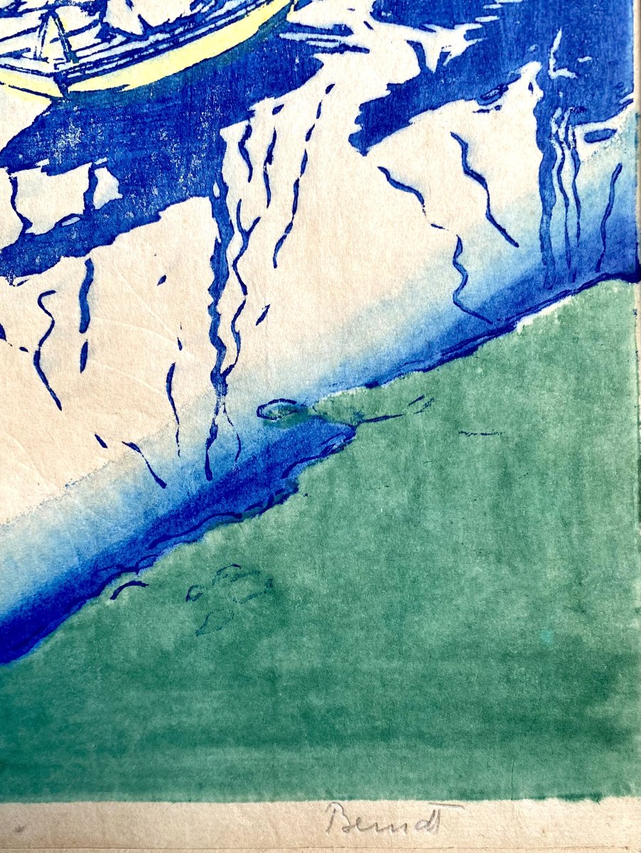 Siegfried Berndt (1880 - 1946). "Bateaux sur l'Elbe". Gravure sur bois couleur. Papier Japon. -photo-3