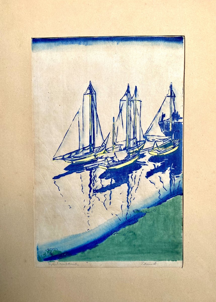 Siegfried Berndt (1880 - 1946). "Bateaux sur l'Elbe". Gravure sur bois couleur. Papier Japon. -photo-1