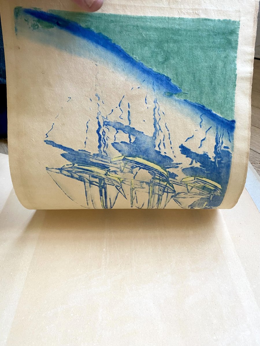 Siegfried Berndt (1880 - 1946). "Bateaux sur l'Elbe". Gravure sur bois couleur. Papier Japon. -photo-3