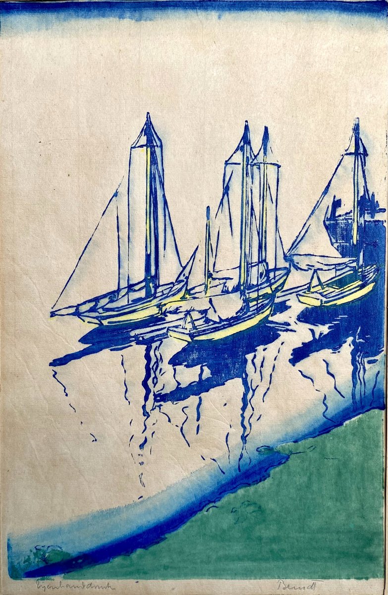 Siegfried Berndt (1880 - 1946). "Bateaux sur l'Elbe". Gravure sur bois couleur. Papier Japon. 