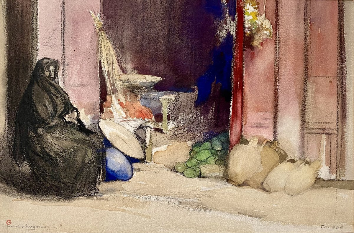 Charles Swynkop (Bruxelles, 1895-1970). "Marché à Tolède". Années 20. 