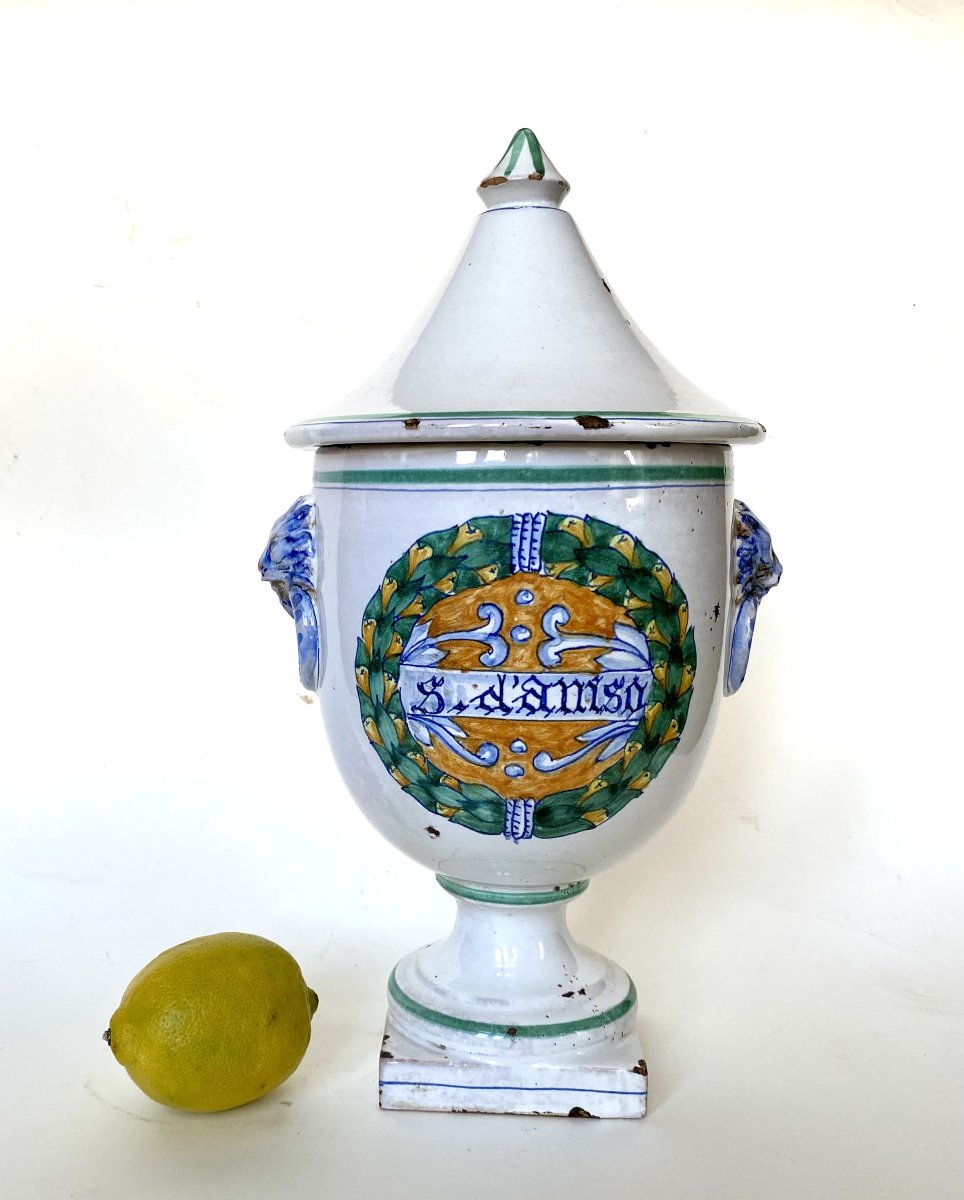 Pot à pharmacie itaien XIXe. Majolique. "Sirop d'Anis". Style Néo-Classique.-photo-2