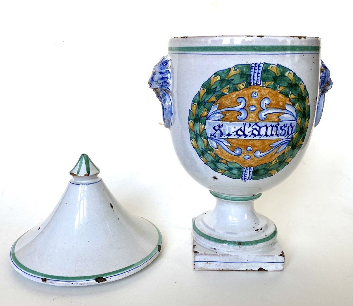 Pot à pharmacie itaien XIXe. Majolique. "Sirop d'Anis". Style Néo-Classique.-photo-2