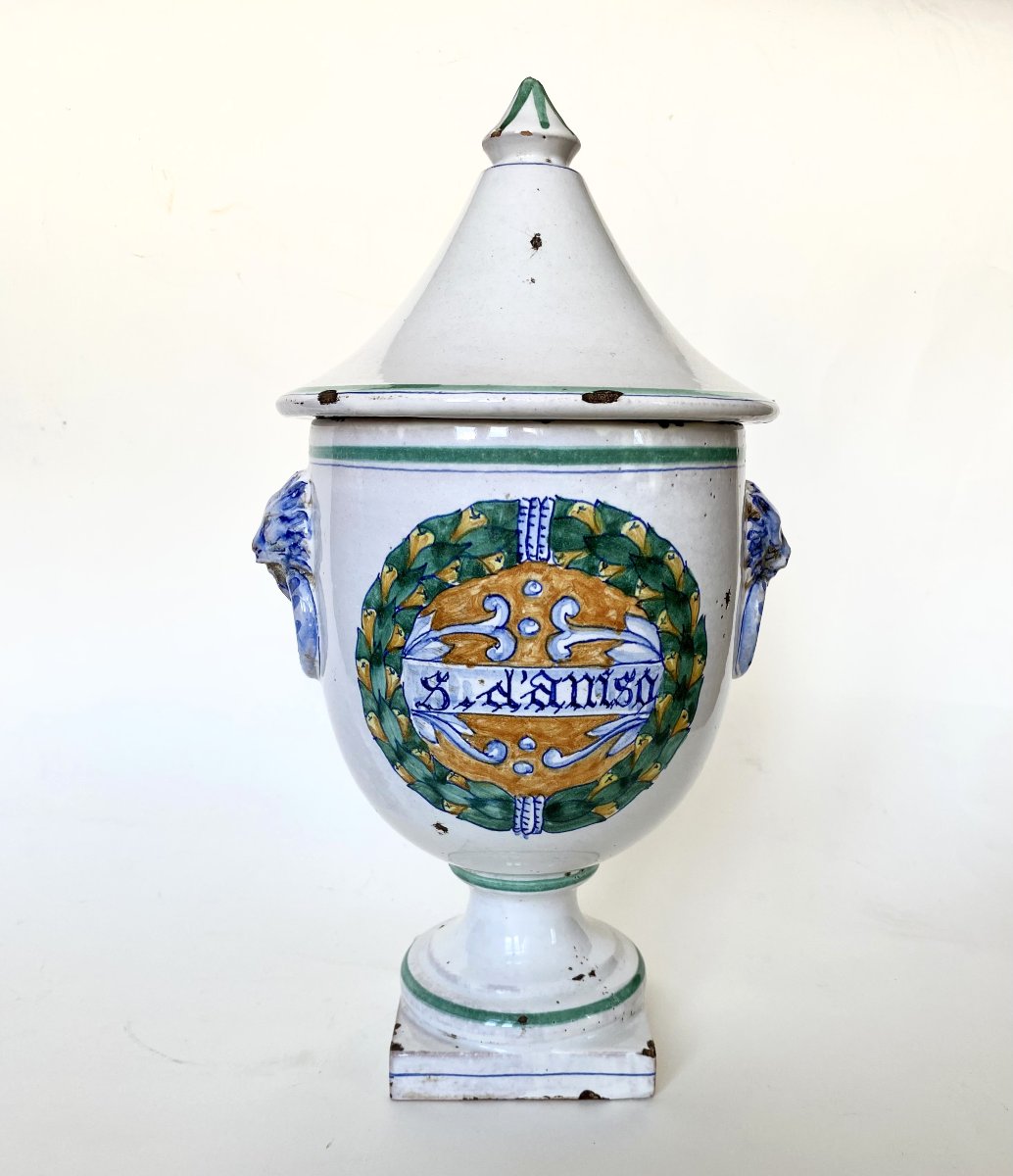 Pot à pharmacie itaien XIXe. Majolique. "Sirop d'Anis". Style Néo-Classique.