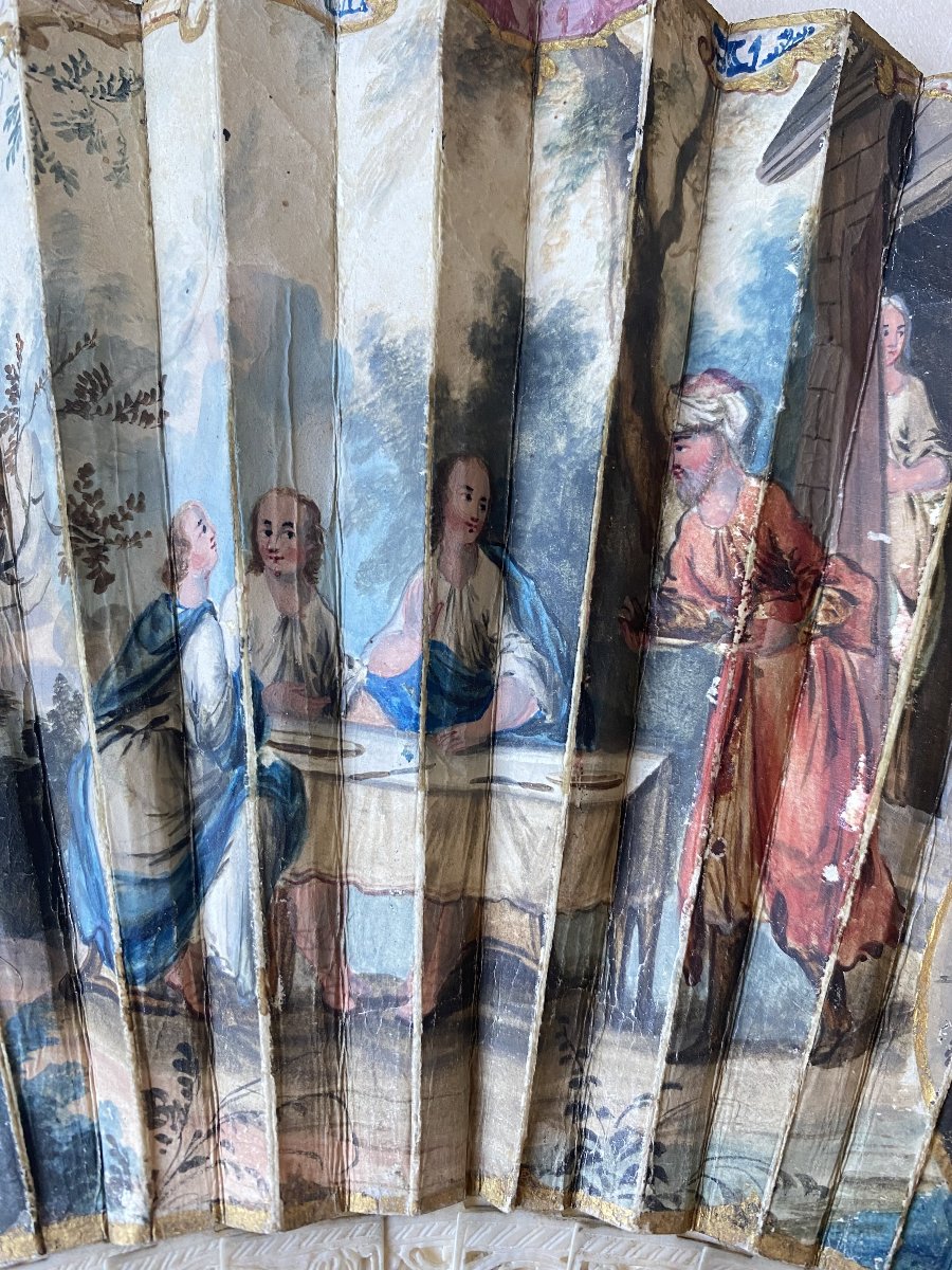 18th-century Fan. "abraham And The Three Angels" (framed).  Gouache On Paper And Ivory.-photo-2