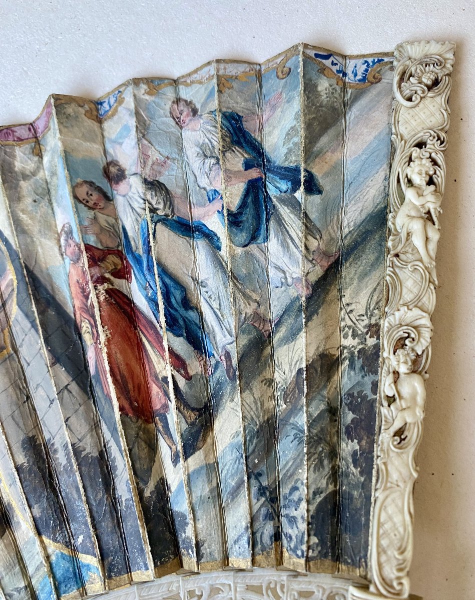 18th-century Fan. "abraham And The Three Angels" (framed).  Gouache On Paper And Ivory.-photo-3