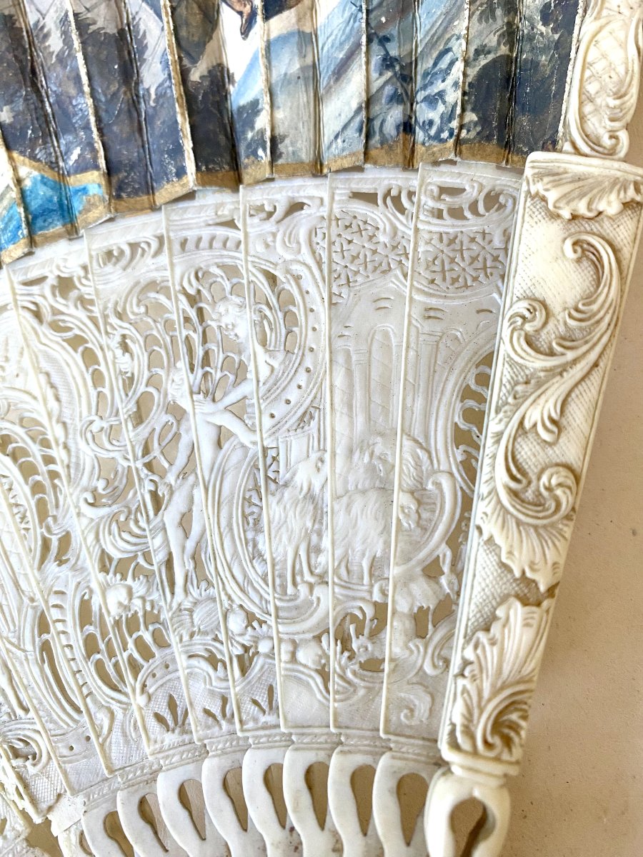 18th-century Fan. "abraham And The Three Angels" (framed).  Gouache On Paper And Ivory.-photo-1