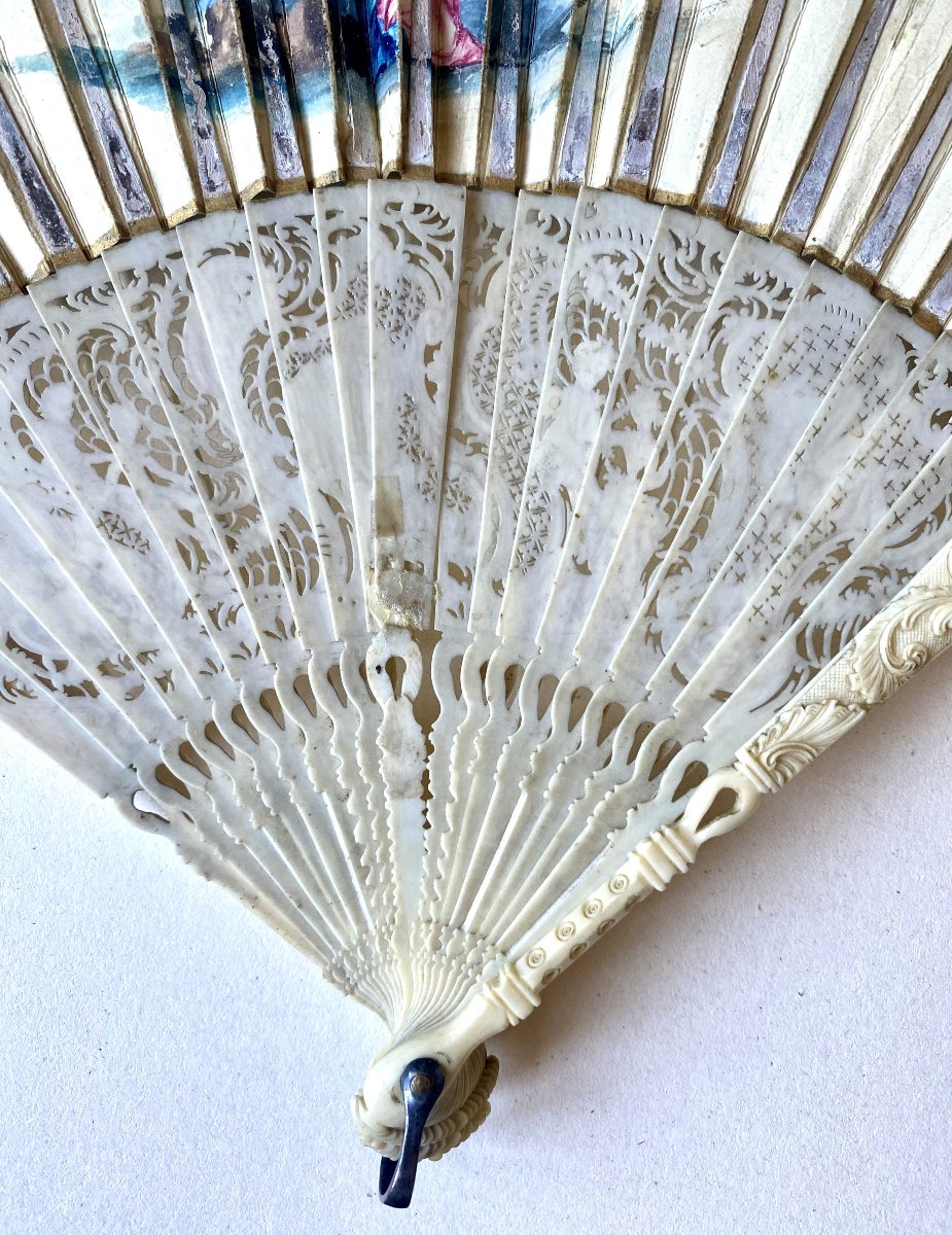 18th-century Fan. "abraham And The Three Angels" (framed).  Gouache On Paper And Ivory.-photo-5