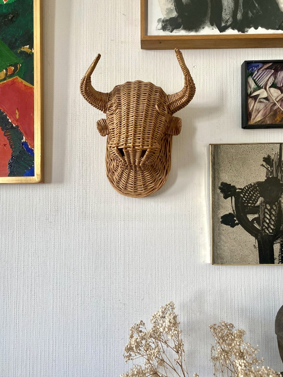 Rattan Minotaur/bull Head From The 1950s/1960s. -photo-2