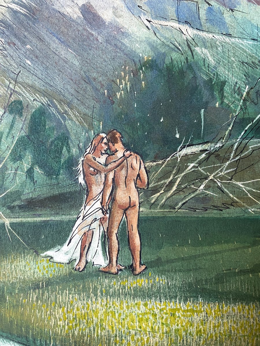 Jean Van Noten (1903 - 1982). "Mariage" Gouache. Années 50.-photo-3